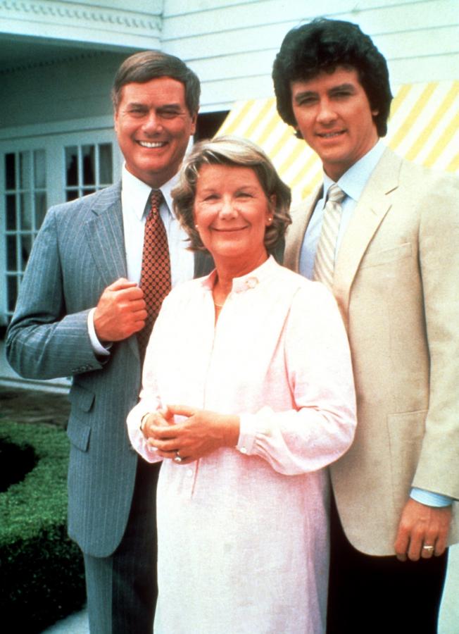 Larry Hagman, Barabara Bel Geddes i Patrick Duffy w serialu "Dallas"